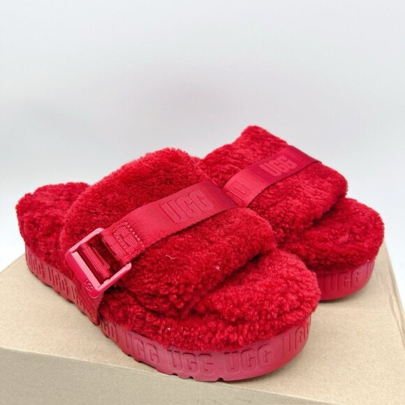 Ugg Fluffita Platform Sheepskin Slides Slippers Ribbon Red Womens US 8 - NEW - Picture 2 of 10